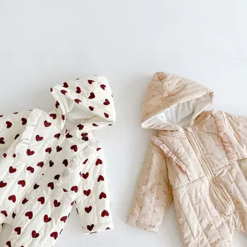 Зимние комбинезоны для новорожденных с капюшоном, утолщенная бархатная подкладка, теплые комбинезоны для младенцев с принтом в корейском стиле, одежда для малышей, детская одежда