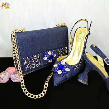 Итальянский дизайн, благородная трехмерная синяя сумка двойного назначения и женские туфли на каблуке, блестящий материал для свадебной вечеринки в Нигерии