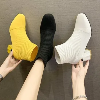 Сапоги с эластичным носком для женской обуви, желтые вязаные туфли на квадратном каблуке, эластичные хлопковые сапоги, женская обувь