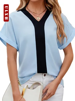 Шифоновая рубашка ULXH для женщин, повседневная Корейская модная рубашка с коротким рукавом, Однотонная, свободная, с отворотом, 2024, Новые Весенне-летние рубашки, топы