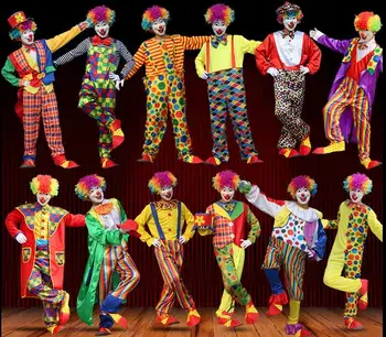 Горячий Маскарадный костюм 2016 года на Хэллоуин, Потрясающее цирковое представление, костюм Клоуна для взрослых, буффон, Хэллоуин, Унисекс, одежда для косплея + нос