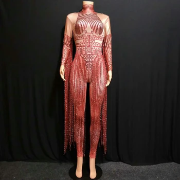 Блестящий Кристально-красный комбинезон, сексуальное платье со Стразами с длинной кисточкой, женский наряд, костюм певицы из ночного клуба, одежда для сценических танцев, одежда для DS.