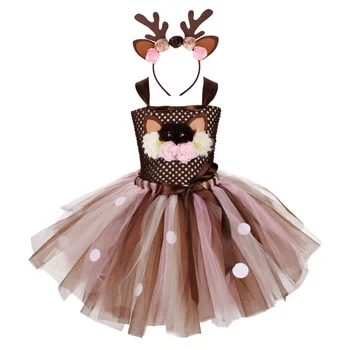 Детское рождественское платье-пачка с рисунком лося и оленя Бэмби для девочек, сетчатое платье-пончо принцессы, костюмы для косплея на Хэллоуин, новогодняя одежда