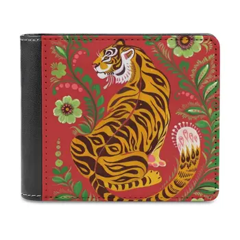 Кожаный кошелек Tiger Folk Art, мужской кошелек, персонализированный кошелек своими руками, подарок на День отца Tiger Red Folk Folkart Экзотический кот