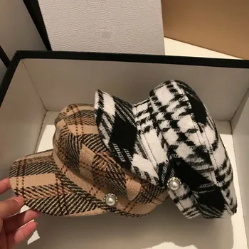 01912-jinri136 ins шикарная уличная мода, осенняя классическая клетчатая кепка в английскую клетку, мужская женская шерстяная шляпа с козырьком