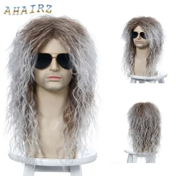 Синтетический Черный Серебристый парик Длинные Вьющиеся пышные парики Для мужчин Панк Косплей Хэллоуин Диско Рок Вечеринка Парик