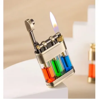 Креативная трехцветная керосиновая зажигалка с прозрачным масляным баком, креативная металлическая старомодная уличная ветрозащитная зажигалка для шлифовального круга