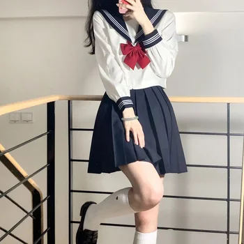 Белый темно-синий костюм моряка, школьная форма для девочек, Японский костюм школьной формы для студенток Сейфуку, женская сексуальная юбка в складку от JK