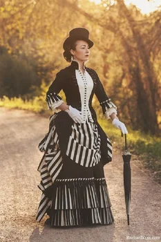 Викторианское готическое платье в черно-белую полоску, средневековая суета, Винтажное женское бальное платье, платье в стиле рококо, необычный лесной костюм