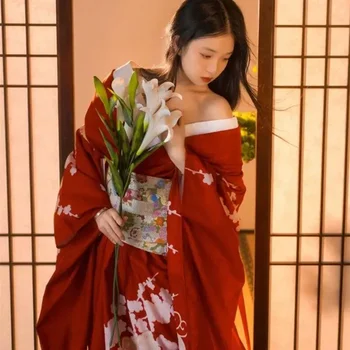 Кимоно Улучшенное Женское Платье В Японском Китайском Стиле Традиционная Женская Юката Фото Халат Japan Girl Красное Платье В цвету Сакуры