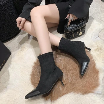 Стрейчевые носки в стиле ретро, женские осенне-зимние новые модные тонкие ботинки с острым носком, женская обувь на высоком каблуке