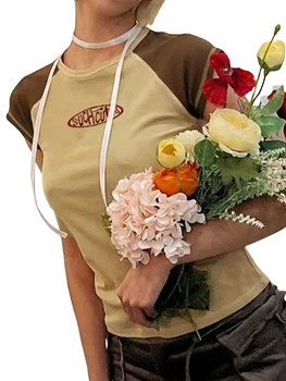 Женский повседневный укороченный топ с коротким рукавом и буквенным принтом, приталенная уличная одежда, базовая футболка на лето