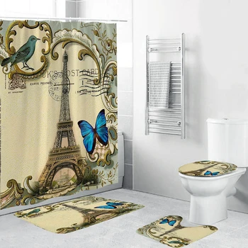 Винтажная Парижская башня с принтом в виде цветов и бабочек Занавеска для душа Коврик для пола Аксессуары для ванной комнаты Набор из 4 туалетных ковриков Home Decor