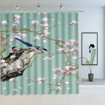 Занавеска для душа с цветочными птицами и растениями в винтажном китайском стиле из ткани с цветочным ботаническим принтом, декор ванной комнаты с крючками, ширма для ванны