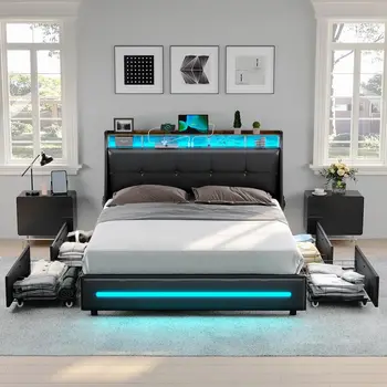 Каркас кровати со светодиодной обивкой полного размера/Queen Size с 4 выдвижными ящиками и полками для хранения Черный