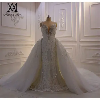 Высококачественное свадебное платье на тонких бретельках с кружевной аппликацией, съемная юбка