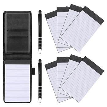 11 шт Мини-карманный блокнот, деловой блокнот из искусственной кожи, в комплекте 2 ШТ Металлическая ручка, 8 ШТ Многоразовая записная книжка, черный