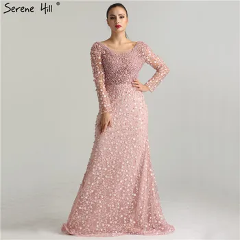 Роскошные вечерние платья с кружевом из розового жемчуга 2023, Русалка с вышивкой и длинными рукавами, вечерние платья Serene Hill LA6408