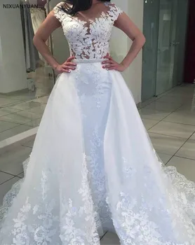 Vestido De Noiva, свадебное платье с рукавами-русалочками, свадебные платья со съемным шлейфом, иллюзионные свадебные платья, платье сексуальной леди