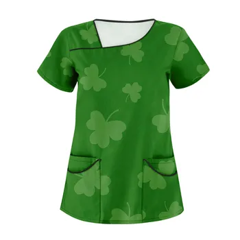 Женская защитная рабочая одежда с диагональным воротником и зеленым принтом, Летняя защитная рабочая одежда с короткими рукавами и двойным карманом