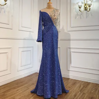 Роскошные вечерние платья Blue Mermaid с круглым вырезом, платья 2022 с длинными рукавами, украшенные бисером, блестящие вечерние женские вечеринки GLA70759