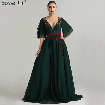 Сексуальное Темно-зеленое Вечернее платье с Глубоким V-образным вырезом и Коротким рукавом 2023 С Цветами Ручной Работы, Вечернее платье Трапециевидной формы Dubai Robe De Soiree BLA6341