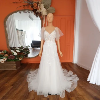 Элегантные свадебные платья Miaoduo Для невест С развевающимися рукавами, кружевные свадебные платья А-силуэта с V-образным вырезом