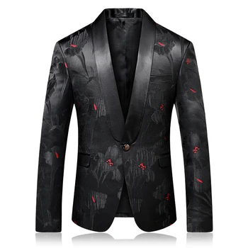 Качественный мужской блейзер, роскошный жаккардовый черно-красный повседневный костюм с цветочным узором, стильный пиджак для певцов ночного клуба