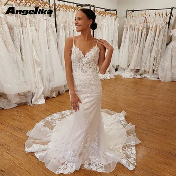 Angelika Модные свадебные платья на тонких бретельках для женщин с кружевными аппликациями, без рукавов, на пуговицах, тюлевый шлейф