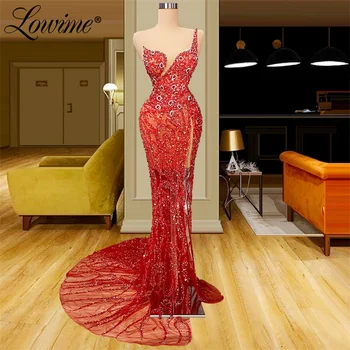 Вечерние платья Lowime Robe De Soiree Red Illusion с длинным рукавом на одно плечо 2022, прозрачные вечерние платья Русалки, платья для выпускного вечера