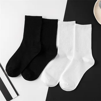 2 пары черно-белых носков, мужские хлопчатобумажные толстые однотонные носки средней длины, женские простые кальцетины в стиле колледжа