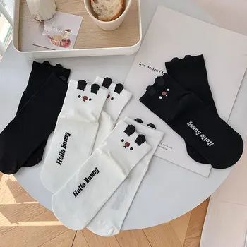 Модные сетчатые носки мультяшные носки японский черно-белый кролик с 3D буквой на подошве Новые женские носки из хлопка