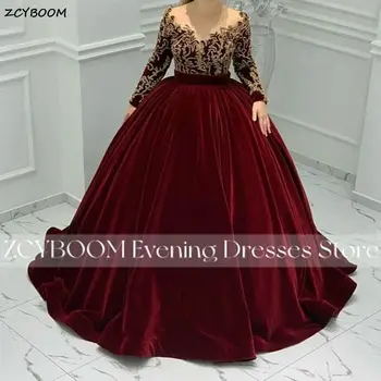 Роскошное бордовое бальное платье с длинными рукавами, официальные вечерние платья 2023, арабский Дубай, золотые аппликации, женские платья для выпускного вечера, Robe De Soirée