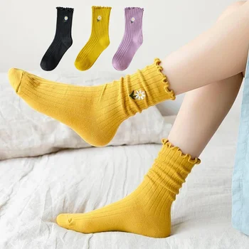 3 пары / комплект Женских хлопчатобумажных носков с модным принтом, однотонные милые повседневные носки, Удобные трендовые носки средней длины с защитой от запаха для девочек