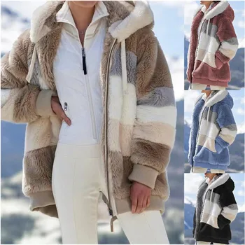 Женское пальто из искусственного меха, свободная толстая куртка средней длины с капюшоном, плюшевая куртка, зимнее толстое теплое пальто большого размера