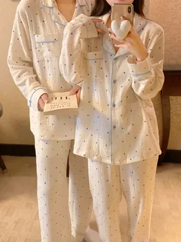 Мягкий пижамный рукав на зиму, длинный домашний хлопковый осенний комплект одежды, удобный для марлевой пары, пижамы в горошек, женский горошек