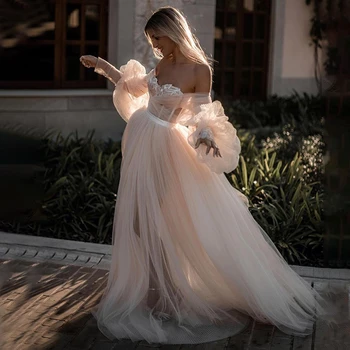 2024 Свадебное платье с вырезом в виде сердечка, открытыми плечами, кружевными аппликациями, шлейфом, свадебное платье длиной до пола, вечернее платье