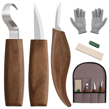 Набор инструментов для ножей для резьбы по дереву 7 в 1, крючок для ножей, точилка для разделочных ножей, Устойчивые к порезам Перчатки с сумкой для хранения, костюм