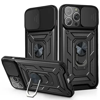 Скользящий Защитный Чехол Для Объектива Камеры Armor Case Для iPhone 15 13 14 11 12 Pro Max Mini XS XR X 7 8 Plus Бамперы Военного Класса Кольцевая Крышка
