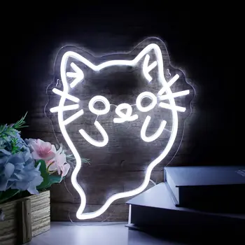 Неоновые вывески White Ghost Cat, светодиодные неоновые вывески с милым котом на Хэллоуин, легко подвешиваемые и регулируемой яркостью, с питанием от USB