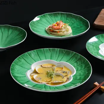 Креативная керамическая тарелка с листьями Лотоса, тарелка для стейка, основное блюдо из ресторана отеля, посуда для домашней кухни, Китайская Десертная тарелка