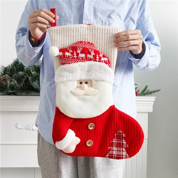 Большой красно-белый Вязаный Рождественский Чулок Санта Клаус, декор для камина, Носки, пакеты для Рождественских подарков, Подставка для конфет, декор для дома