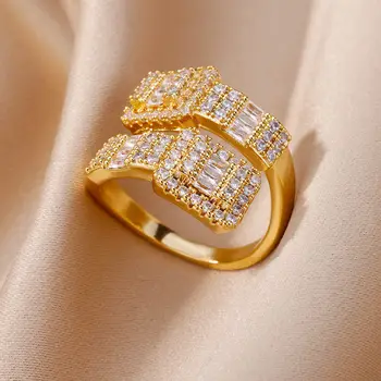 Квадратные кольца с цирконием для женщин из нержавеющей стали, позолоченное геометрическое регулируемое кольцо, свадебные украшения, подарочные украшения, бесплатная доставка