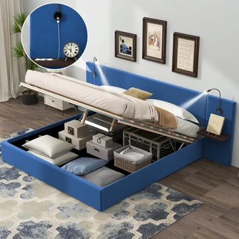 Современная Обитая Кровать-платформа, Гидравлическая Кровать-платформа для хранения Полного размера / Queen Size с 2 Полками, 2 Лампочками и USB, синий