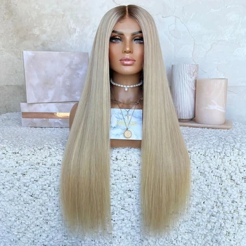QZ Hair Ombre Blonde Подчеркивает Прямые Бесклеевые Синтетические Волосы На Кружеве Парик Черные Волосы Парики для Женщин Фронтальный Парик Косплей