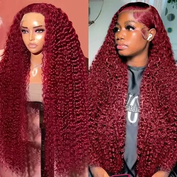 180 Плотность, свободная, Глубокая волна, Бордовый, 13x6 HD Кружевные фронтальные парики, 99j Рыжие Вьющиеся Человеческие волосы на кружеве 13x4 HD, Бразильские для женщин