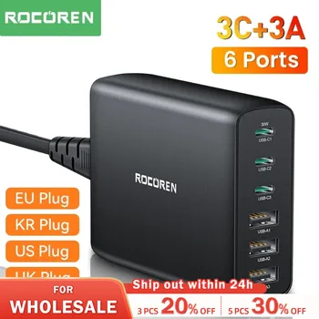 Rocoren 100 Вт USB Зарядное Устройство Type C PD Быстрая Зарядка С Несколькими 6 Портами Настольная Зарядная Станция Для iPhone 14 13 Pro Xiaomi POCO