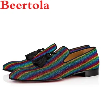 Новые Мужские модельные туфли из ткани с блестками, Разноцветные полоски, Черные Туфли-Оксфорды с бахромой, Мужские Разноцветные Свадебные Мужские туфли на плоской подошве