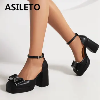 Женские туфли-лодочки ASILETO С квадратным носком, на массивном каблуке 9 см, платформа 2 см, ремешок с пряжкой, бант, большие размеры 41, 42, 43, Женская обувь для сладких свиданий
