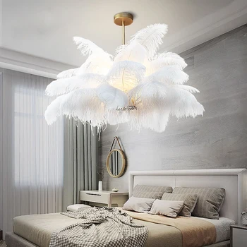 Люстра из перьев в скандинавском стиле для спальни, современное художественное освещение, золотая светодиодная лампа для гостиной, теплое и романтическое украшение дома